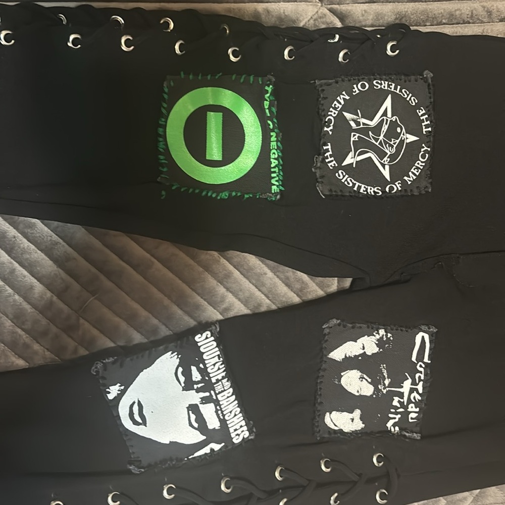 CUSTOM gothic stretchy lace up pants, patches hand sewn on